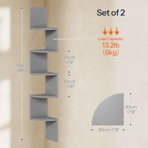 HOOBRO Corner Shelf Wall-Mounted, Set of 2 Floating Corner Shelves for Wall, 5-Tier Bookshelves for Wall Decor in Living Room, Bedroom, Home Office, Dove Gray GY26BJP201 - color: Dove Gray, size: 49.2 Inches