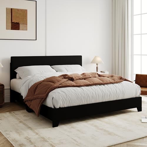 Allewie Full Size Faux Leather Bed Frame, Adjustable Headboard, Black | Platform Bed with Heavy Duty Mattress Foundation, Noise-Free, Easy Assembly, Wood Slat Support, No Box Spring Needed - color: Cool Black, size: Full