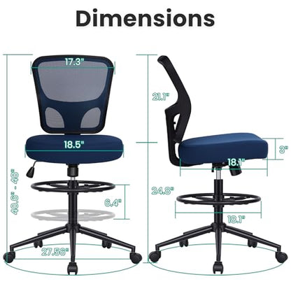 Armless Drafting Chair Tall Office Chair for Standing Desk - Adjustable Height Mesh Ergonomic Drafting Stool with Foot Ring & Wheels, Rolling Counter Height Computer Chair for Home Office - color: Deep Blue