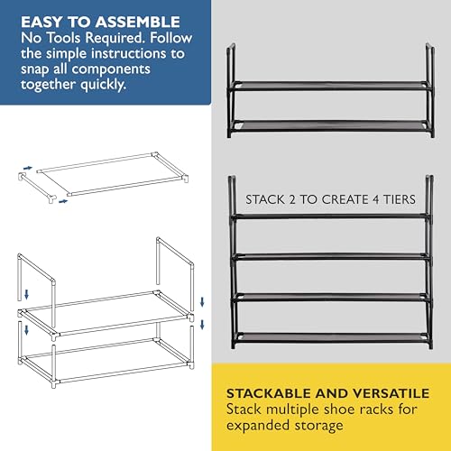 Sundaze Shoe Rack - 2 Tier Shoe Rack for Front Door Entrance, Sturdy Long Shoe Organizer for Closet, Bedroom, Entryway, Garage, Non Woven Fabric Shelf, Black, Holds Up to 10 Pairs - size: 2 Tier (34.3" W)