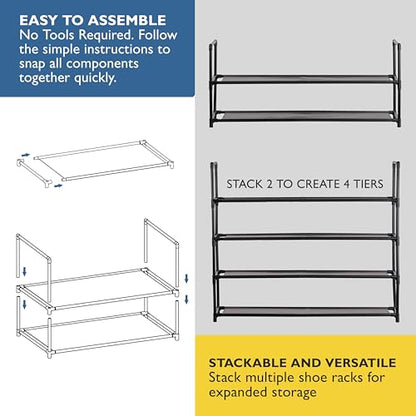Sundaze Shoe Rack - 2 Tier Shoe Rack for Front Door Entrance, Sturdy Long Shoe Organizer for Closet, Bedroom, Entryway, Garage, Non Woven Fabric Shelf, Black, Holds Up to 10 Pairs - size: 2 Tier (34.3" W)
