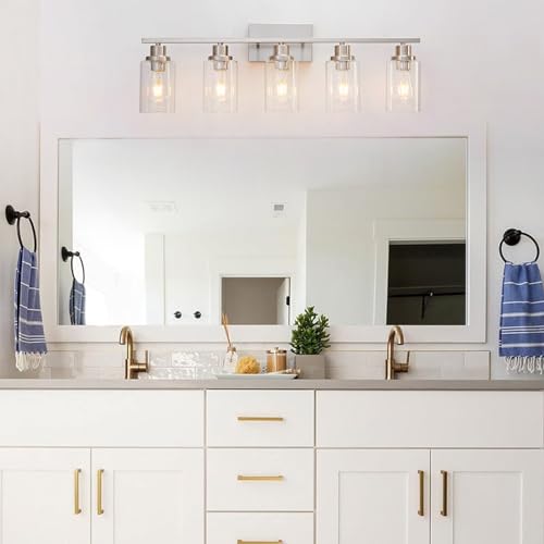 5 Light Bathroom Light Fixtures Brushed Nickel Vanity Light Over Mirror Modern Farmhouse Wall Lighting Sconces Wall Lamp for Bathroom, Bedroom, Living Room E26 Socket with Glass Shade - color: Brushed Nickel, size: 5 Light