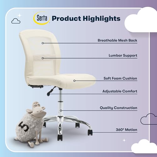Serta Armless Small Home Desk Chair with Wheel, Ergonomic Mesh Office Chair | Essentials, Leather & Foam Cushioned Seat, Adjustable Height, Bedroom & Small Space Vanity Chair, 360° Swivel, Cream White - color: Cream White
