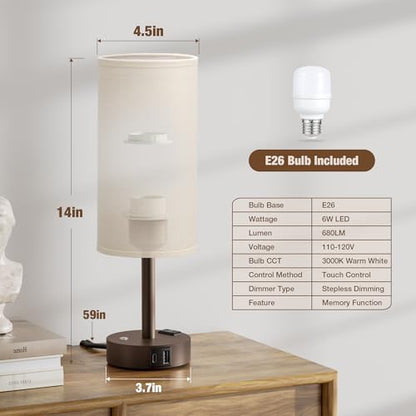 Brown Touch Bedside Lamp for Bedroom, Stepless Dimmable, USB A+C, AC Outlet | Base Touch Button Only, Memory Brightness, Ultra-dim Night Light, Included Bulb for Optimal Dimming, Beige Fabric Shade, Desk - color: Beige & Brown