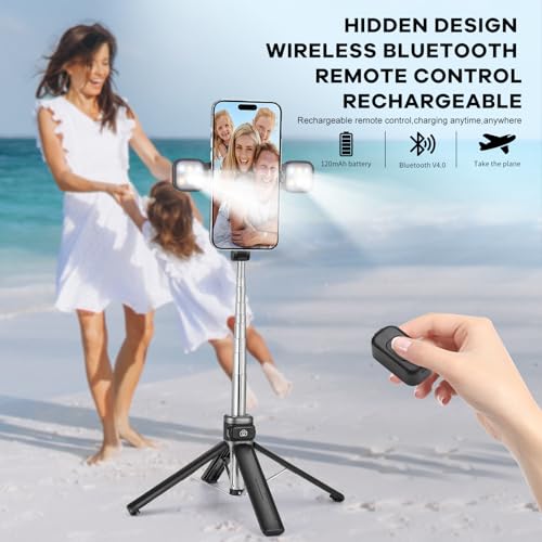MQOUNY Mini iPhone Tripod Stand & Selfie Stick with Wireless Remote & Removable Light, Extendable Stand 360 Rotation Compatible with iPhone & Android Samsung (Black) - color: Black