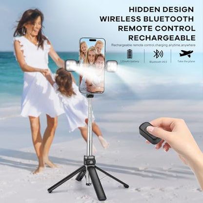 MQOUNY Mini iPhone Tripod Stand & Selfie Stick with Wireless Remote & Removable Light, Extendable Stand 360 Rotation Compatible with iPhone & Android Samsung (Black) - color: Black