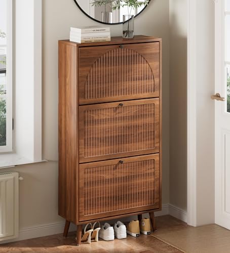 Fsbecl Shoe Storage Cabinet for Entryway with 3 Fluted Flip Drawers, Walnut | Slim Freestanding Shoe Organizer with Hidden Storage, Adjust Shelves, Wooden 2-in-1 Hall Tree for Entryway Foyer, 18-24 Pairs - color: Walnut03, size: 23.6''W x 9.4''D