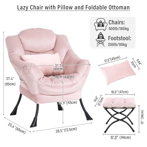 Lazy Chair with Ottoman, Velvet Reading Chair with Pillow，Pink | Comfy Accent Lounge Chair with Pillow & folding Foot Stool, sturdy metal frame for bedroom, dorm or apartment, Living Room - color: Pure Pink