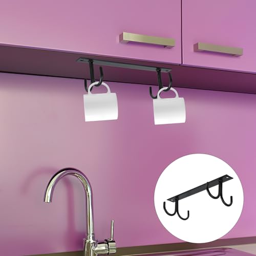 Wakauto Iron Kitchen Mug Rack 4-Hook Hanging Cup Holder Under Cabinet Coffee Mug Organizer with Iron Wire for Kitchen Storage and Cup Draining