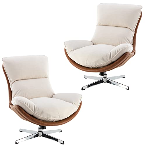 DUOMAY Set of 2 Linen Swivel Lounge Chair, Beige | High Back Upholstered Accent Chair With Chrome Base, Armless Comfy Recliner - color: Beige, size: Set of 2