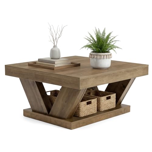 LITTLE TREE Coffee Table, Farmhouse Coffee Table with Large Storage Shelf, 2-Tier Rustic Wood Modern Center Table for Living Room, Home Office, Rustic Brown - color: Rustic Brown