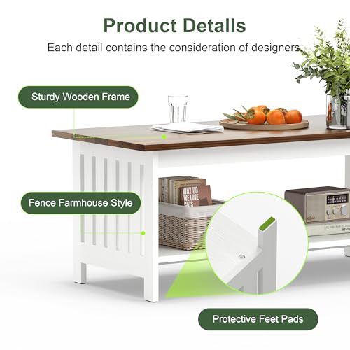 39.4" Farmhouse Coffee Table, Small Coffee Tables for Living Room | White, 2 Tier Coffee Table with Storage, Tea Table for Living Room Bedroom Small Space - color: White
