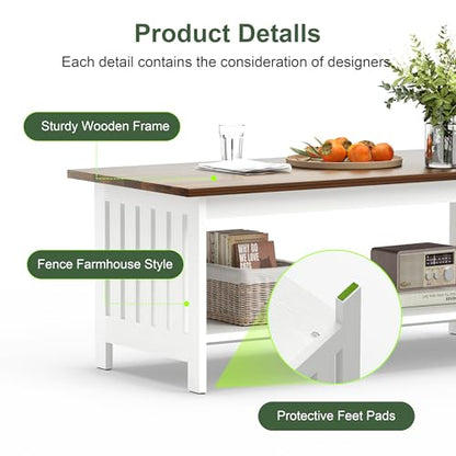 39.4" Farmhouse Coffee Table, Small Coffee Tables for Living Room | White, 2 Tier Coffee Table with Storage, Tea Table for Living Room Bedroom Small Space - color: White