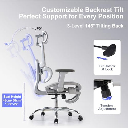 Office Chair with Footrest, Ergonomic Chair with 3D Headrest, Computer Chair with Adjustable Backrest & 3D Armrest, Gaming Chair with Adaptive Lumbar Support, Mesh Backrest & Cushion, Grey - color: Grey, style: Lite