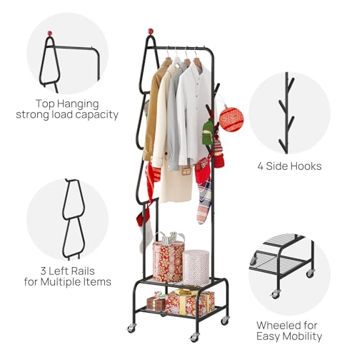 viewcare Coat Rack with Wheels, 4 Hooks Rolling Garment Rack, 360° Swivel Wheels with Brake, Heavy Duty Metal Rustproof for Entryway Bedroom