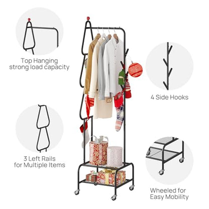 viewcare Coat Rack with Wheels, 4 Hooks Rolling Garment Rack, 360° Swivel Wheels with Brake, Heavy Duty Metal Rustproof for Entryway Bedroom