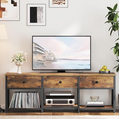 TV Stand with 3 Fabric Drawers for up to 50 Inch TV, 47.2" Industrial Media Console, Entertainment Center with Shelves for Living Room, Bedroom, Home Office, Rustic Brown and Black DS12BR - color: Rustic Brown + Black