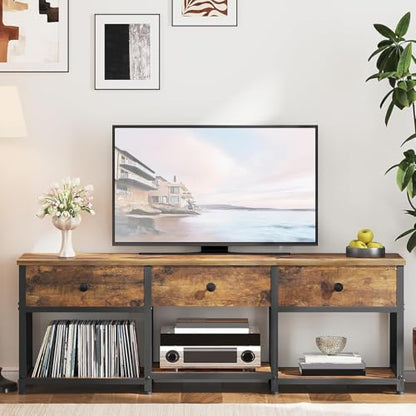 TV Stand with 3 Fabric Drawers for up to 50 Inch TV, 47.2" Industrial Media Console, Entertainment Center with Shelves for Living Room, Bedroom, Home Office, Rustic Brown and Black DS12BR - color: Rustic Brown + Black
