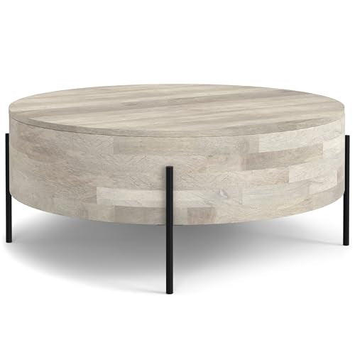 SIMPLIHOME Sawhorse 48" Wide Walnut Veneer and Metal Coffee Table | Modern round coffee table with black metal legs and a large surface; cocktail table or center table for living rooms. - color: White Wash