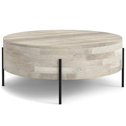 SIMPLIHOME Sawhorse 48" Wide Walnut Veneer and Metal Coffee Table | Modern round coffee table with black metal legs and a large surface; cocktail table or center table for living rooms. - color: White Wash
