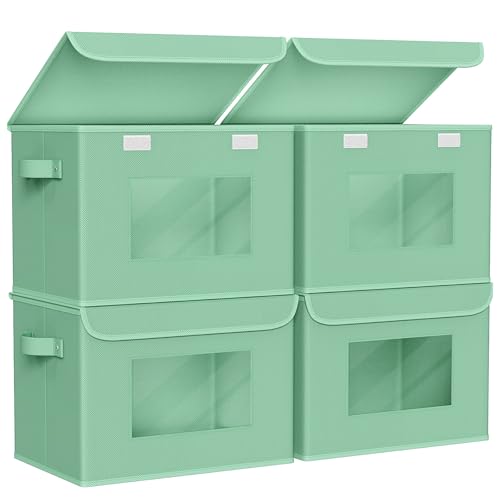 Univivi Fabric Foldable Storage Bins with Lids, 4 Pack, Green | Stackable Closet Storage Bins, Fabric Closet Organizers and Storage with Lid & Clear Window for Home, Office, Bedroom - color: Green
