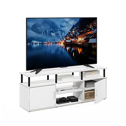 Furinno Jensen Entertainment Center Stand for TV up to 70 Inch, Plastic Pole, Solid White/Black - color: Solid White/Black