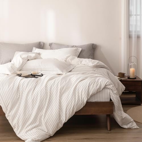 3Pcs Off White & Linen Grey Striped Queen Duvet Cover Set | Linen Feel Stripe,Washed Cotton,1 Duvet Cover & 2 Pillow Shams,Hidden Zipper,Soft Breathable,Lightweight,8 Corner Ties - color: Off White Linen Grey Stripe-no Comforter, size: Queen (90" x 90")