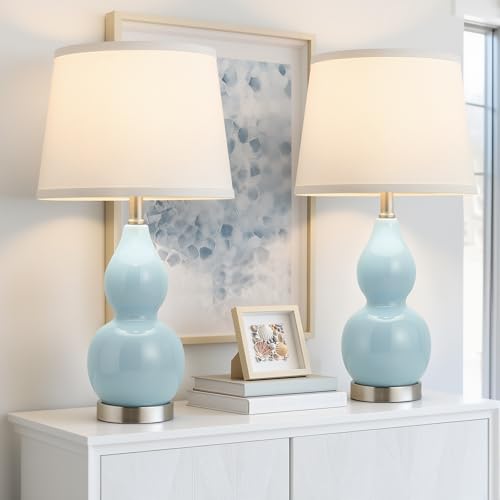 22" Table Lamp Set of 2, Color Temperature Adjustable Double Gourd Ceramic Lamps Classic Nightstand Table Lamps for Bedroom Beside Lamps for Living Room, Sky Blue-Bulbs Included - color: 22.63" Blue Gourd