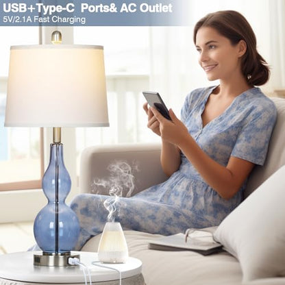 Rinweey 27.5" Coastal Blue Glass Double Gourd Table Lamp Set of 2,3-Way Dimmable Touch Control Bedside Lamps with USB Ports and AC Outlet, Nautical Nightstand Lamps for Bedroom Living Room - color: Blue