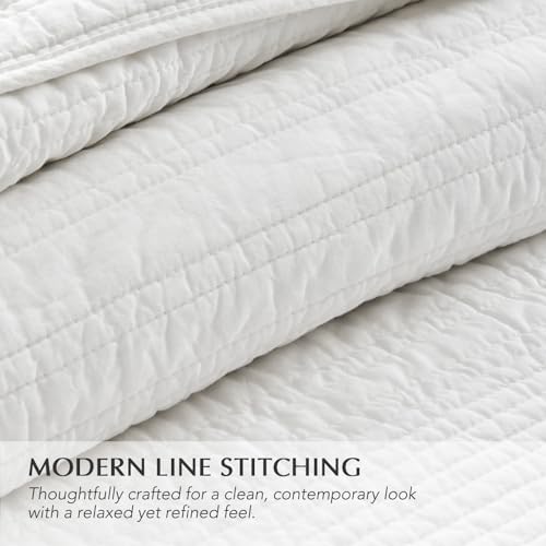 EVERGRACEHOME 100% Cotton Modern Lines Quilt Set Queen Size, Bright White | Pre-Washed Soft Cotton, Striped Coverlet Bedspread, 3 Piece Lightweight Bedding Set for All Season, with 2 Pillow Shams - color: Bright White, size: Full/Queen (92" X 92")