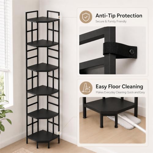 Corner Shelf, 6 Tier Industrial Corner Bookshelf Bookcase, Black | 76.8"Inch Tall,USB LED Light,Anti-Tip Protection, Plant Stand for Living Room, Kitchen, Home Office