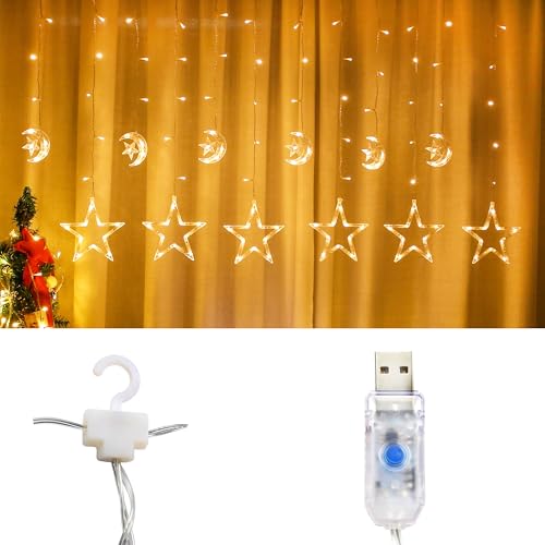 FUCHSUN 138 Led Curtain String Lights Ramadan Icicle Light, Crescent Star | 8 Lighting Modes Timer, Dimmable Fairy Hanging Lights for Window Wall Home Decoration, USB Operated, Warm White - size: Crescent and Star