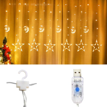 FUCHSUN 138 Led Curtain String Lights Ramadan Icicle Light, Crescent Star | 8 Lighting Modes Timer, Dimmable Fairy Hanging Lights for Window Wall Home Decoration, USB Operated, Warm White - size: Crescent and Star
