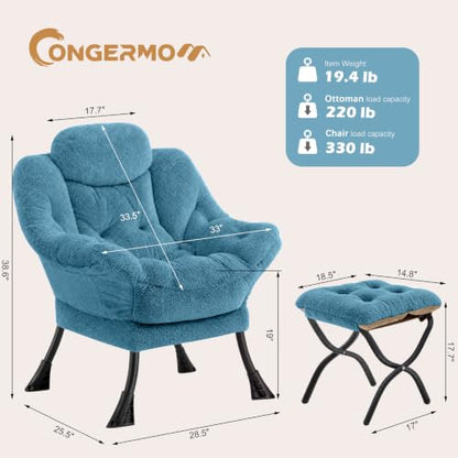 Lazy Chair with Folding Ottoman,Leisure Sofa Chair,Soft Fabric Armchair with Armrests and Side Pockets, Reading Chair with Footrest for Living Room, Bedroom, Office (Plush Blue) - color: Plush Blue