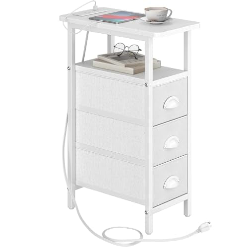 Sthmec End Table with Charging Station,Narrow Side Tables with USB Ports and Outlets,Skinny Bedside Tables with 3 Drawers,Small Tables Nightstands for Small Space,Slim Sofa Table for Livingroom, White - color: White, size: 7.88'' W*15.75'' D*24.3'' H, sty