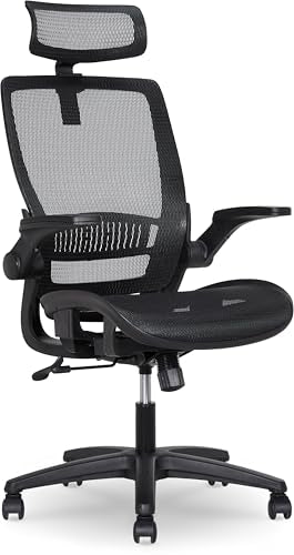 Amazon Basics Ergonomic High-Back Office Chair, Breathable Mesh, 360° Swivel, Easy to Assemble, Comfortable Flip-Up Armrests, 25.5"D x 26.25"W x 49.25"H, Black