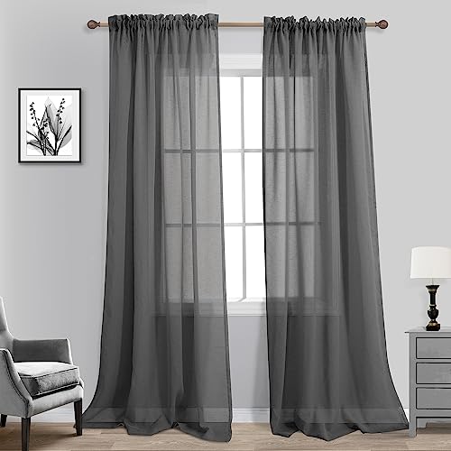 KOUFALL Dark Grey Sheer Curtains 84 Inches Long,Linen Look Rod Pocket Window Curtains for Living Room Bedroom,2 Panels Set,Charcoal Gray - color: Dark Grey, size: 52"W x 84"L (Pack of 2)