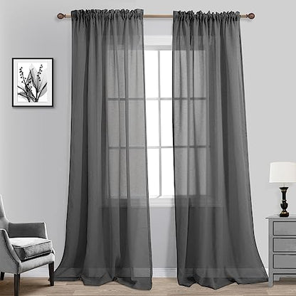 KOUFALL Dark Grey Sheer Curtains 84 Inches Long,Linen Look Rod Pocket Window Curtains for Living Room Bedroom,2 Panels Set,Charcoal Gray - color: Dark Grey, size: 52"W x 84"L (Pack of 2)