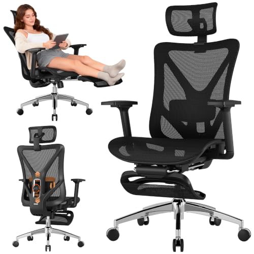 Ergonomic Office Chair with Footrest, 135° Reclining Desk Chair with Adjustable Lumbar Support,3D Armrest,Headrest & Large Steel Base, 300LBS Heavy Duty Mesh Chair - color: Onyx Black, size: 20.6X19.1X42.7~48.8 Inches