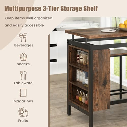 GIANTEX 3-Piece Dining Table Set - Counter Height Dining Table Set with 2 Bar Stools, 3-Tier Storage Shelf, Space-Saving Breakfast Nook Table Set for Small Places, Kitchen Table Chairs Set for 2