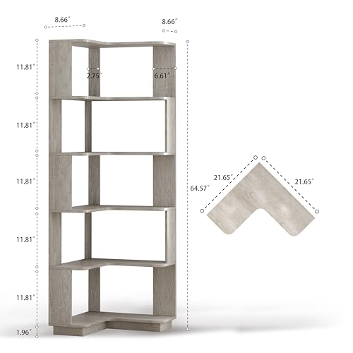 GDFStudio 64.6" Tall L-Shaped Corner Bookshelf, 6-Tier Freestanding Corner Shelf Bookcase with Anti-Drop Panels, Wooden Open Back Display Shelves Organizer for Living Room Bedroom Office, Light Gray - color: Light Gray
