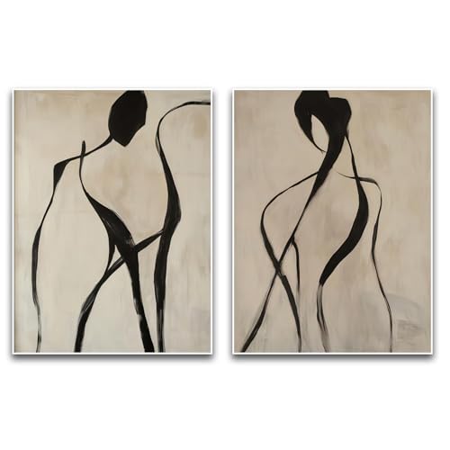 Minimalist Abstract Wall Art Line Figures Set of 2 12x16 Inch Unframed | Neutral figure decor, modern line art prints and black silhouette set for living room bedroom office gallery - color: Modern Minimalist Black Line Abstract Figure Wall Art, size: 12"