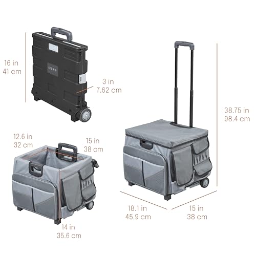 Folding Mobile Utility Cart, Canvas Organizer Bag, Dark Grey/Grey | Durable plastic, 30 compartments, adjustable handle, 40 lb capacity, collapses to 3" thick, rolling wheels for easy transport - color: Dark Grey/Grey