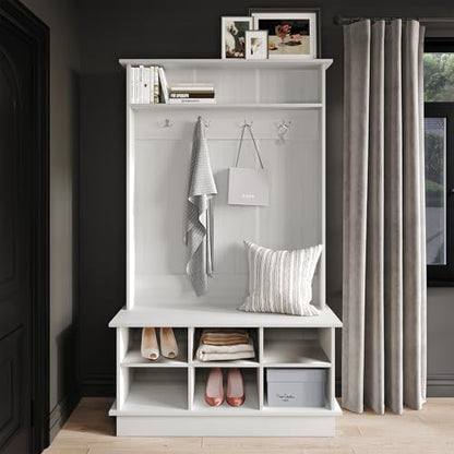 Entryway Hall Tree with Bench and 6 Storage Cubbies, Light Grey - color: Light Gray