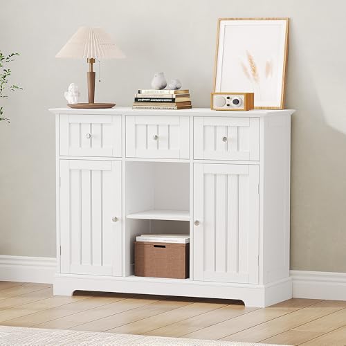 ChooChoo 35.4" Coffee Bar Cabinet with 3 Drawers and 2 Doors, White | Buffet Cabinet with Adjustable Shelves, Storage Cabinet for Compact Kitchens, Dining rooms and Living rooms - color: White