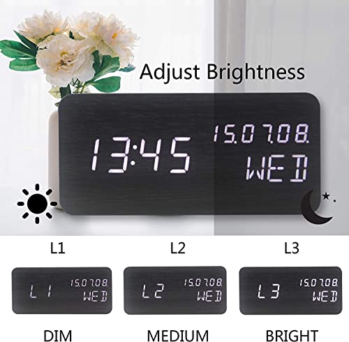 Wood Digital Alarm Clock Desk Time, Date(MM/DD/YY), Day of The Week, Temperature, Nightlight Large LED Display Portable Lamp Bedroom, Office, School, Home, Livingroom, Room (Black) - color: Black