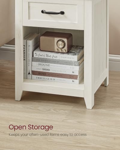VASAGLE Farmhouse Nightstand with Charging Station, 1 Drawer | Bedside Table, Side Table with Open Compartment, for Bedroom, Rustic White and Honey Brown, LIRY Collection ULET659K41 - color: Rustic White + Honey Brown, size: 1 PACK, style: 17.7"W x 23.6"H
