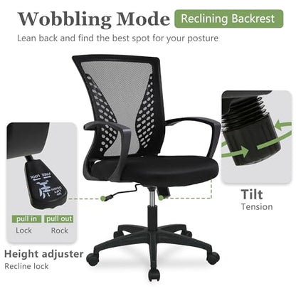Home Office Chair Mid Back PC Swivel Lumbar Support Adjustable Desk Task Computer Ergonomic Comfortable Mesh Chair with Armrest (Dark Black) - color: Dark Black