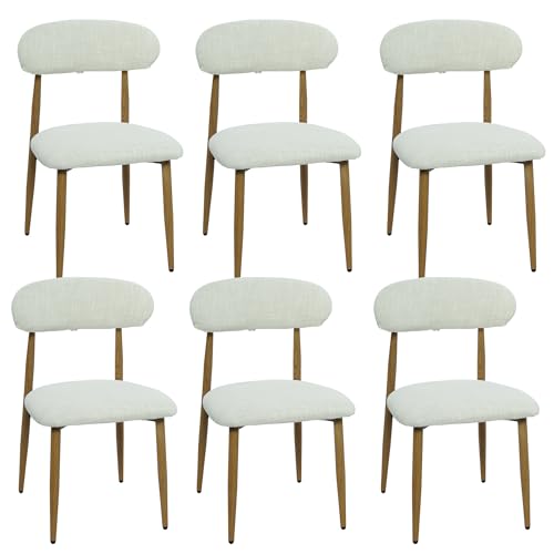 FREKEN Modern Upholstered Dining Chairs Set of 6, Mid-Century Metal Frame with Wood Grain, Linen Fabric Side Chair for Kitchen Dining Room, 350lbs Capacity, Beige - color: Beige - Wood Grain Legs, size: Set of 6