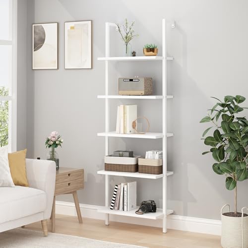 5-Tier White Tall Narrow Bookshelf Ladder, 5 Wooden Ladder Bookshelf Boards, Book Shelf, Stand Shelf, Wall Shelf, 23.6" L X 11.8" W X 70.9" H